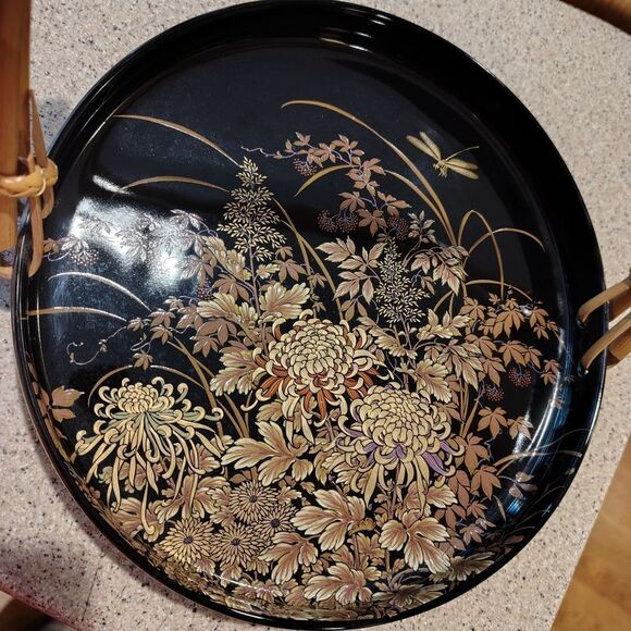 Japanese Floral Black and Gold Decorative Tray Dragonfly & Bamboo Handle  9" DR - Picture 3 of 5
